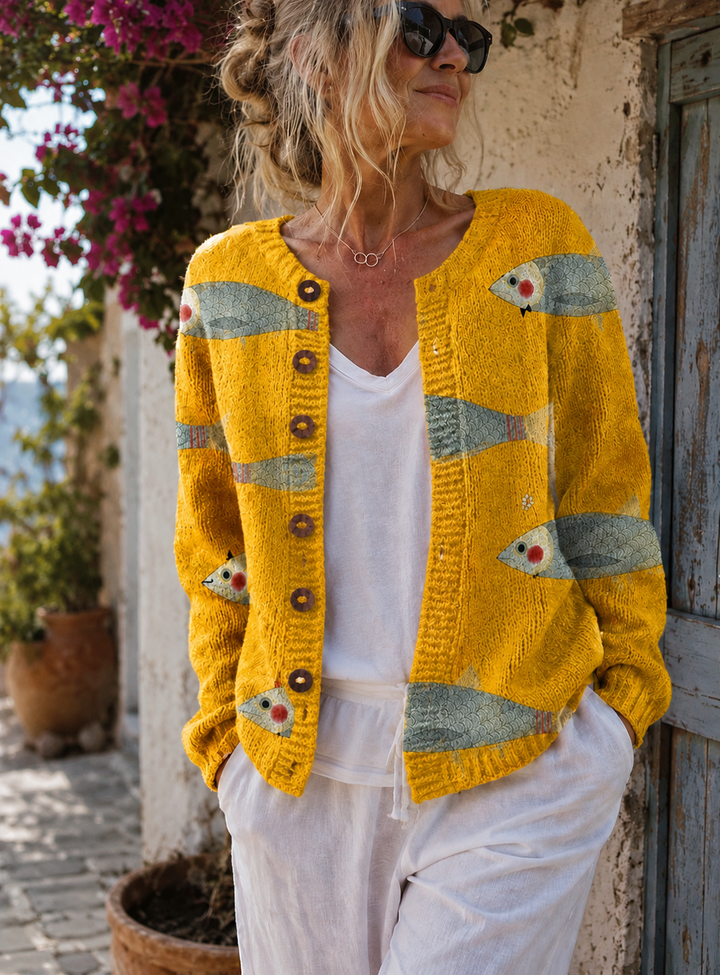 Edwina | Strickjacke mit Knopfleiste und Fischmuster für Damen