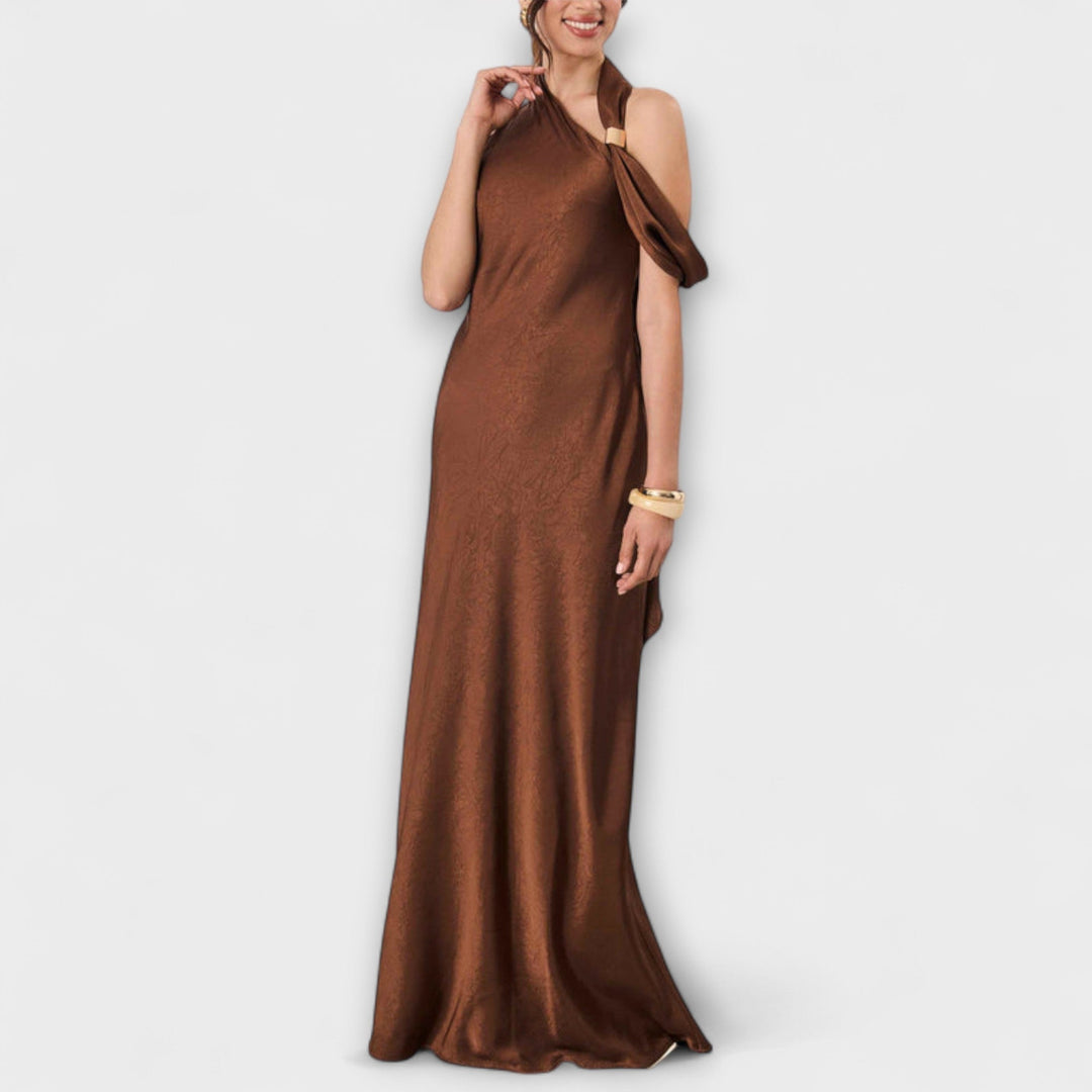 Azura - Braunes Satin-Maxikleid mit One-Shoulder