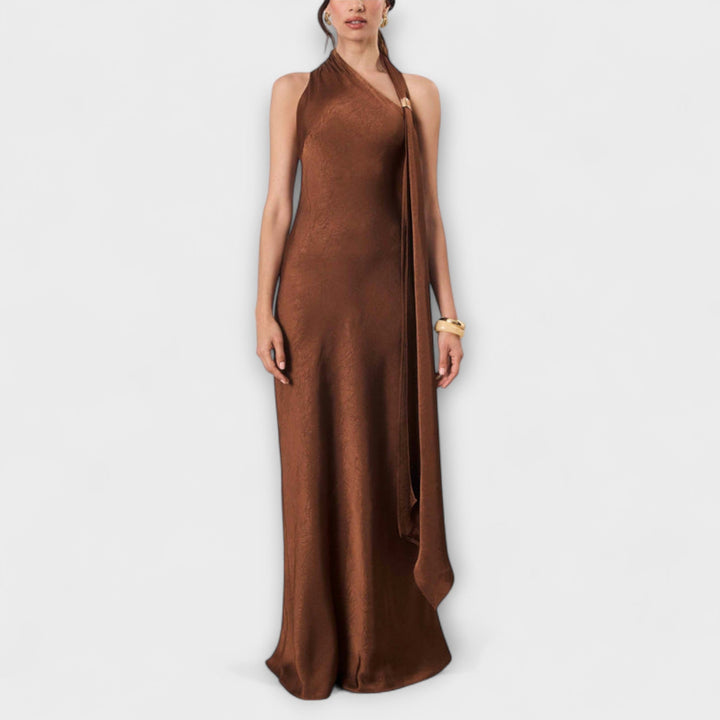 Azura - Braunes Satin-Maxikleid mit One-Shoulder
