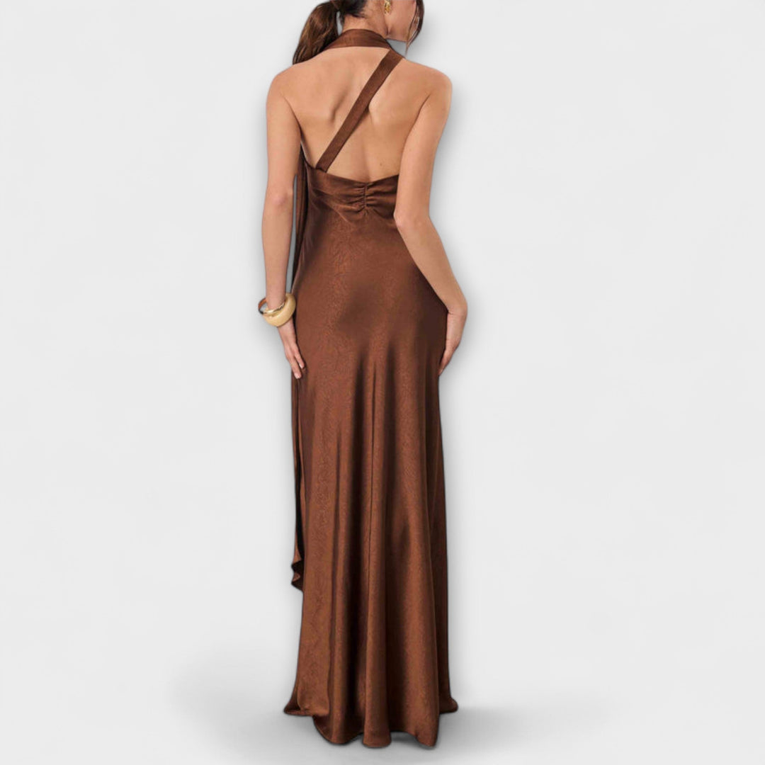 Azura - Braunes Satin-Maxikleid mit One-Shoulder