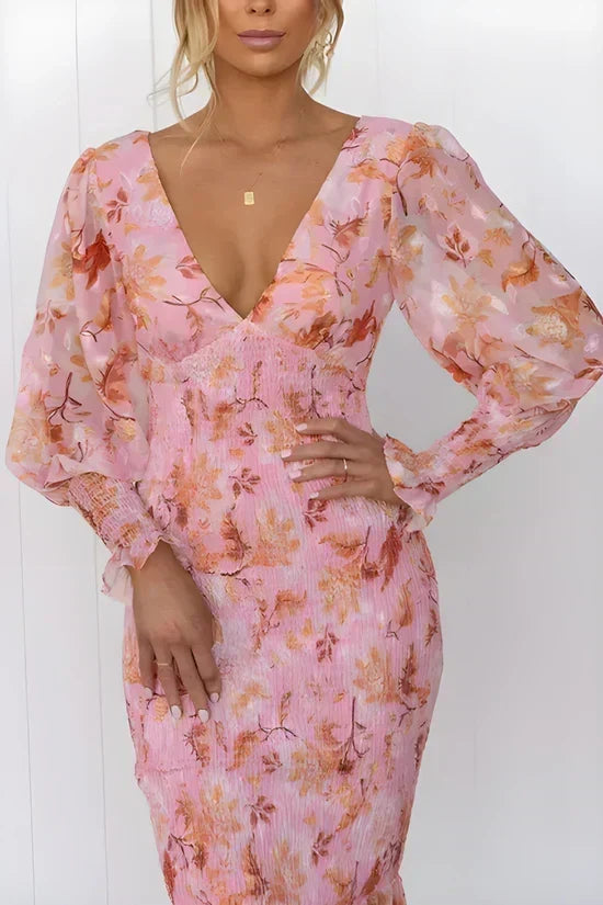 Julia | Geblümtes Damen-Midikleid mit V-Ausschnitt und Puffärmeln für Hochzeitsgäste