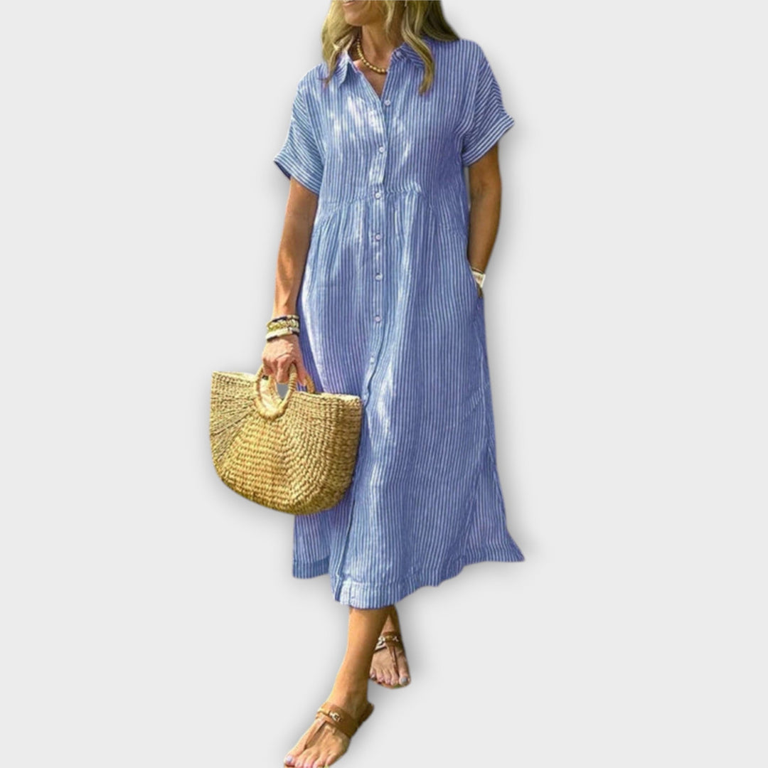 Anorea - Hellblaues gestreiftes Hemdblusenkleid