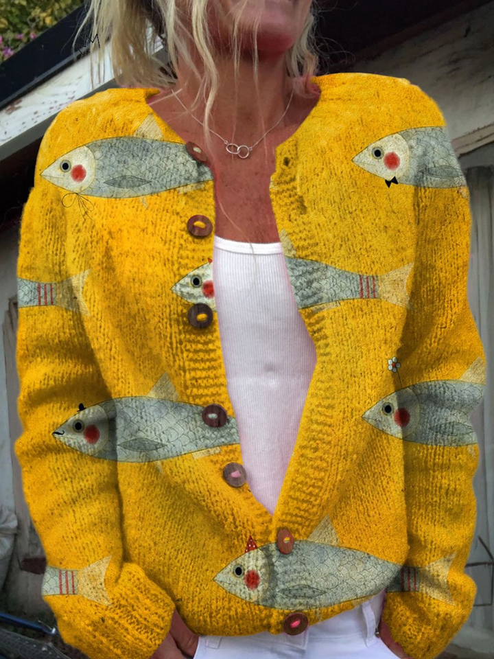 Edwina | Strickjacke mit Knopfleiste und Fischmuster für Damen