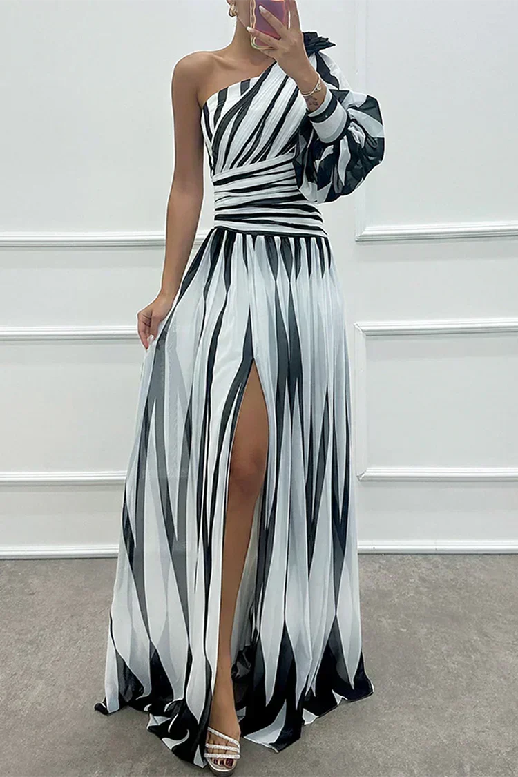 Cordelia | Gestreiftes One-Shoulder-Damen-Maxikleid mit Puffärmel für Hochzeitsgäste