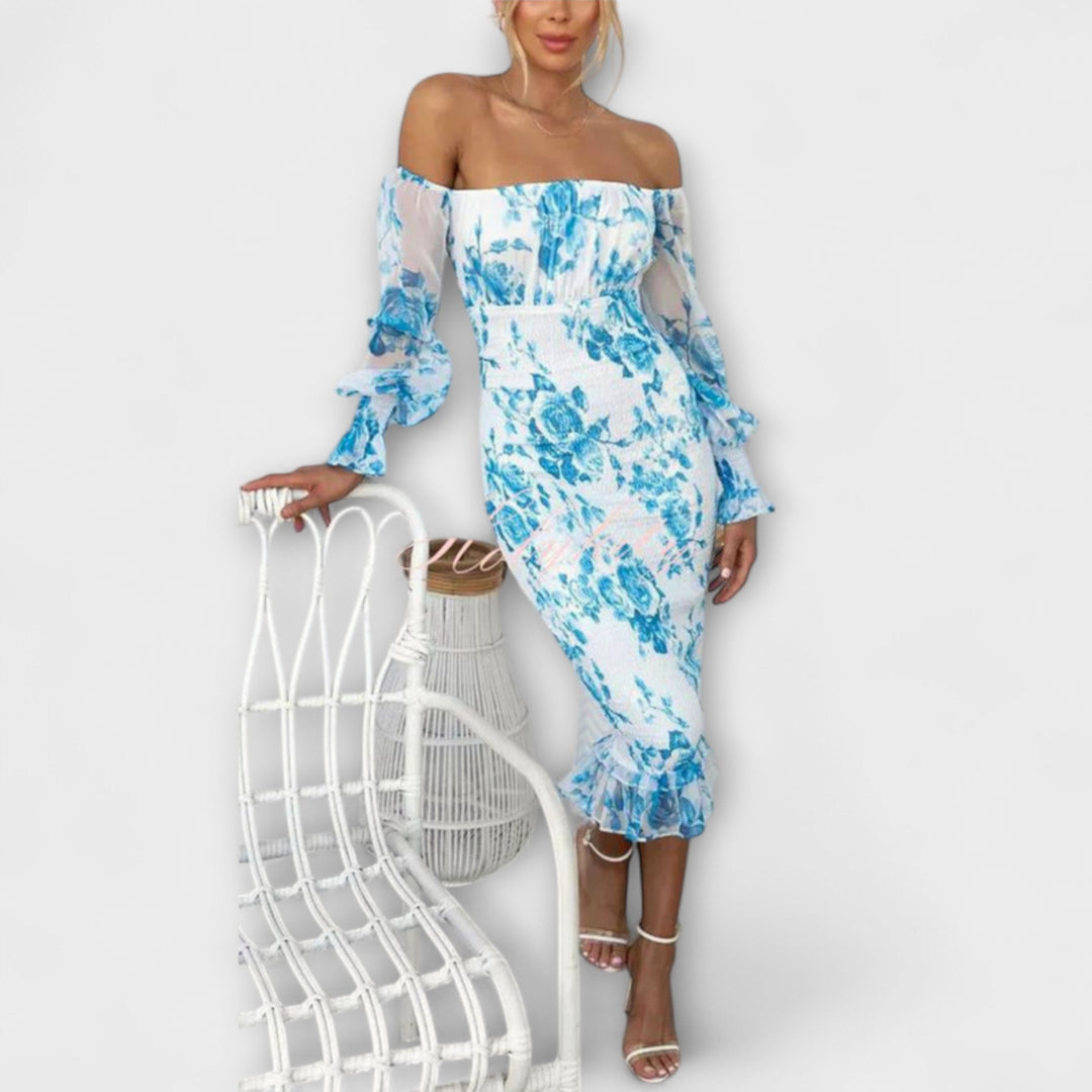 Dahlia - Rosa Off-Shoulder-Midikleid mit Blütenmuster