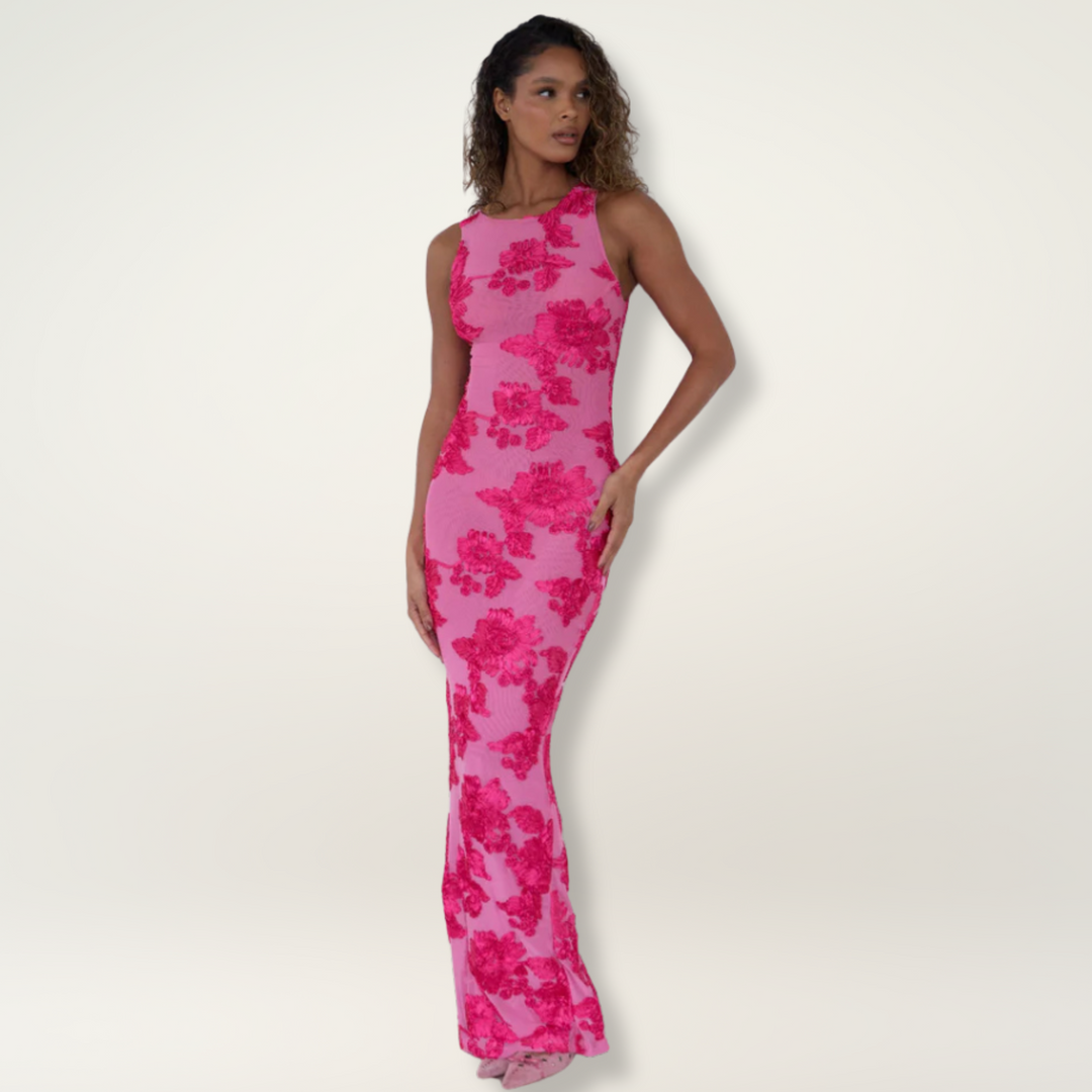Lily | Geblümtes ärmelloses Damen-Maxikleid mit Rundhalsausschnitt für Hochzeitsgäste