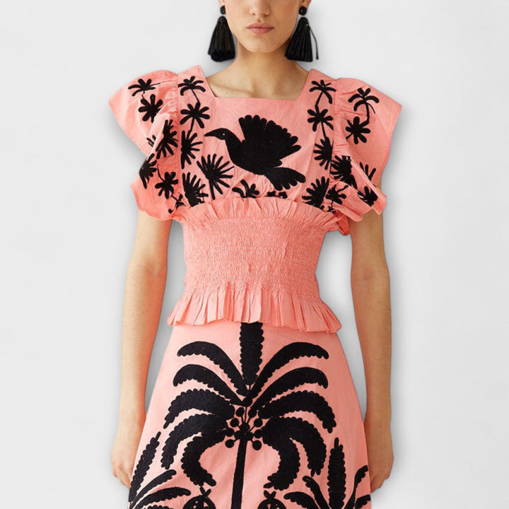 Amy - Rosa Maxikleid mit Palmenmuster