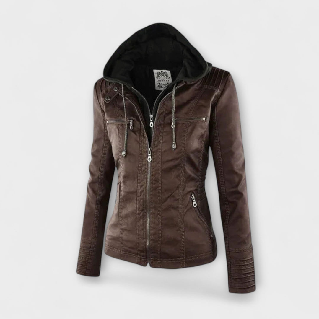 Amélie - Braune Lederjacke mit Stehkragen