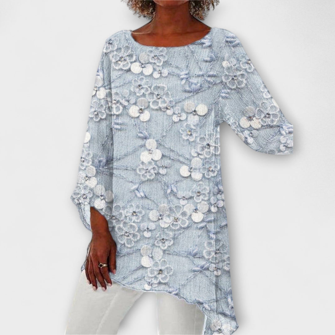 Harper - Beige Bluse mit floralem Kristalldruck