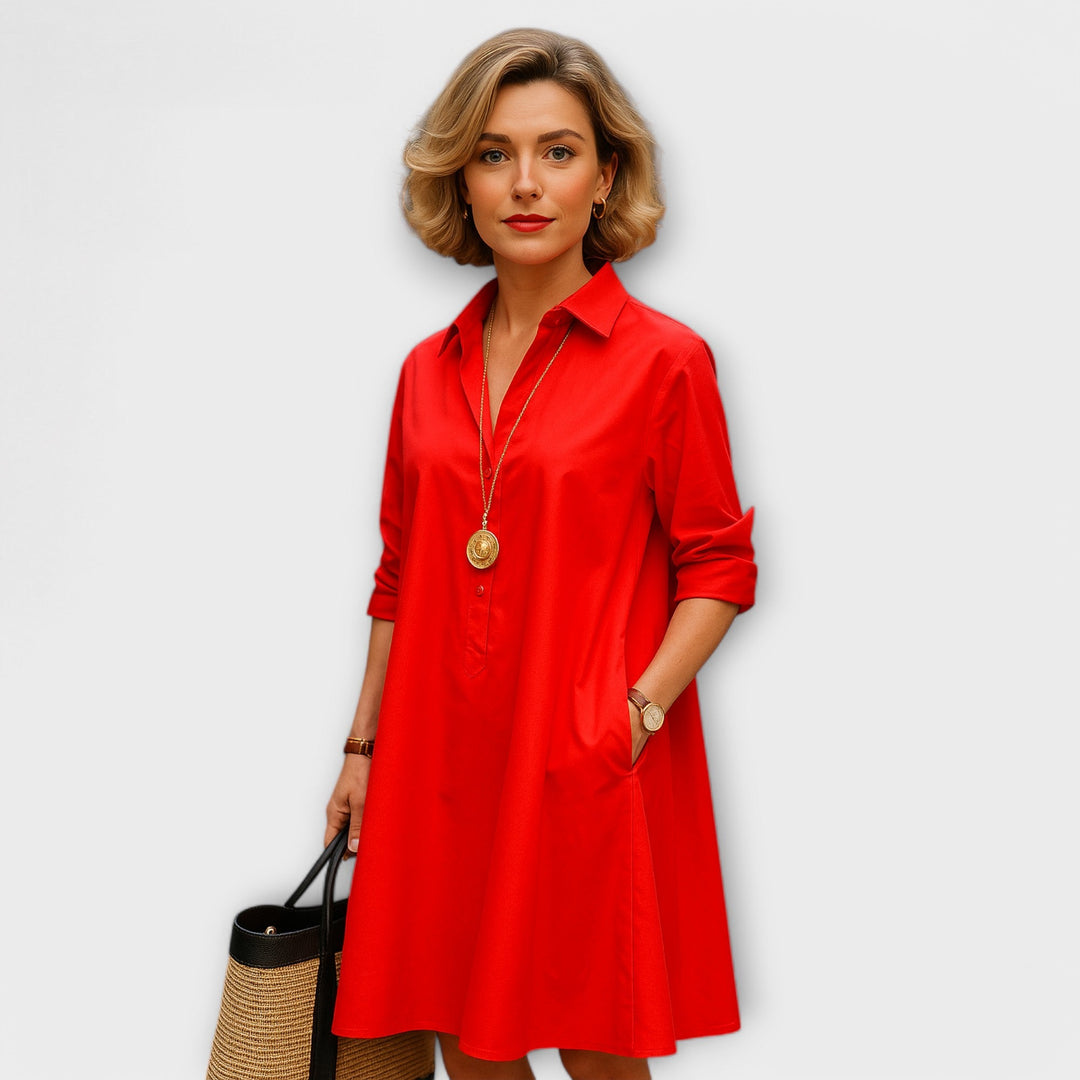 Modernes rotes Hemdkleid mit Dreiviertelärmeln