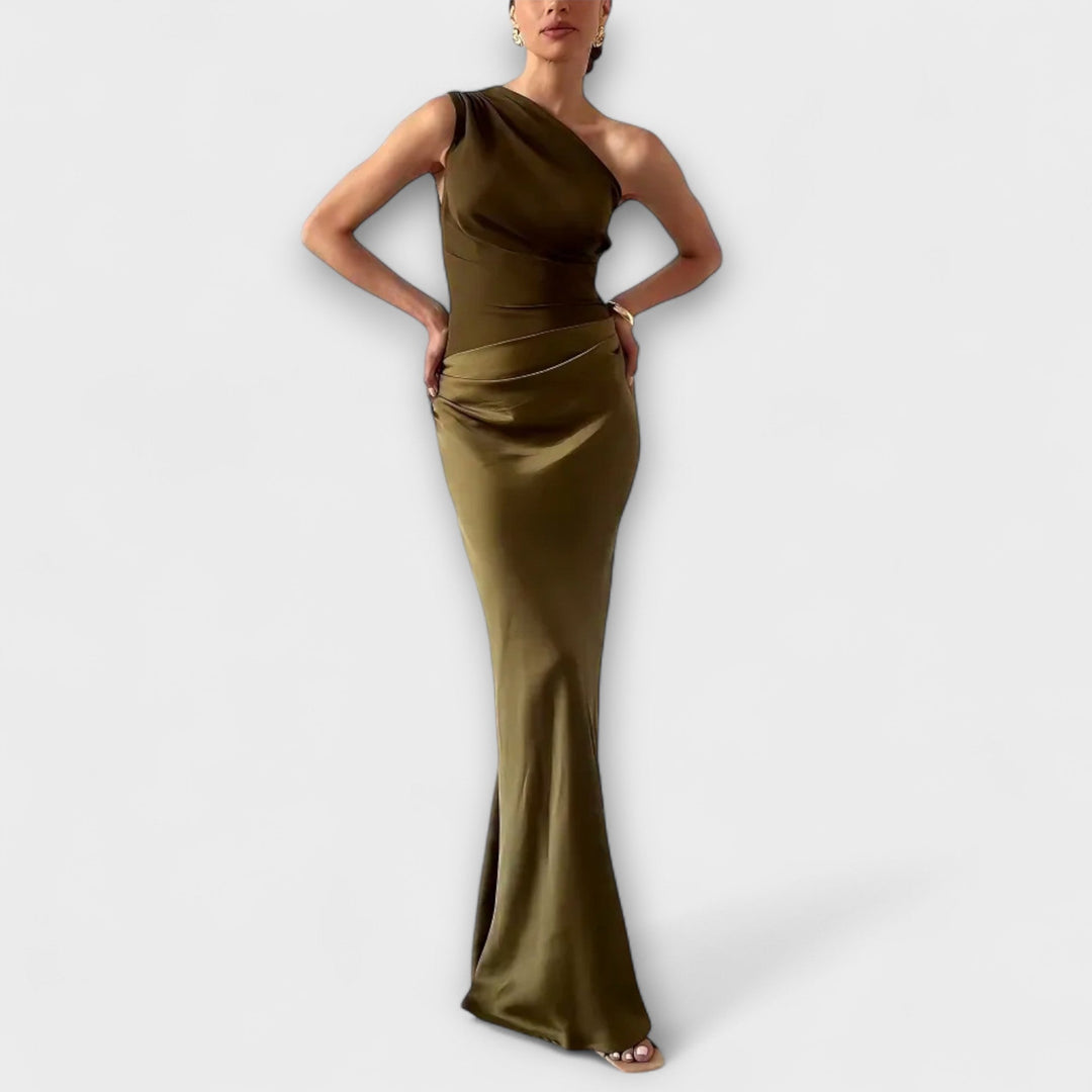 Elegantes braunes One-Shoulder-Falten-Maxikleid