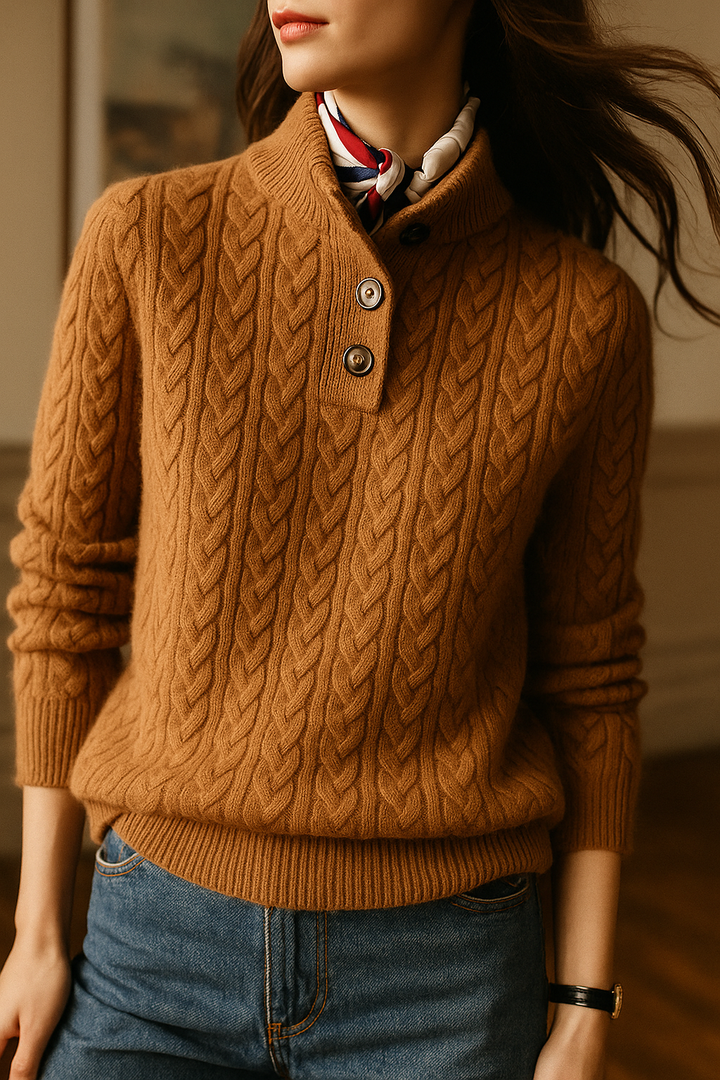 Nathalia | Zopfstrickpullover mit Knopfleiste am Kragen für Damen