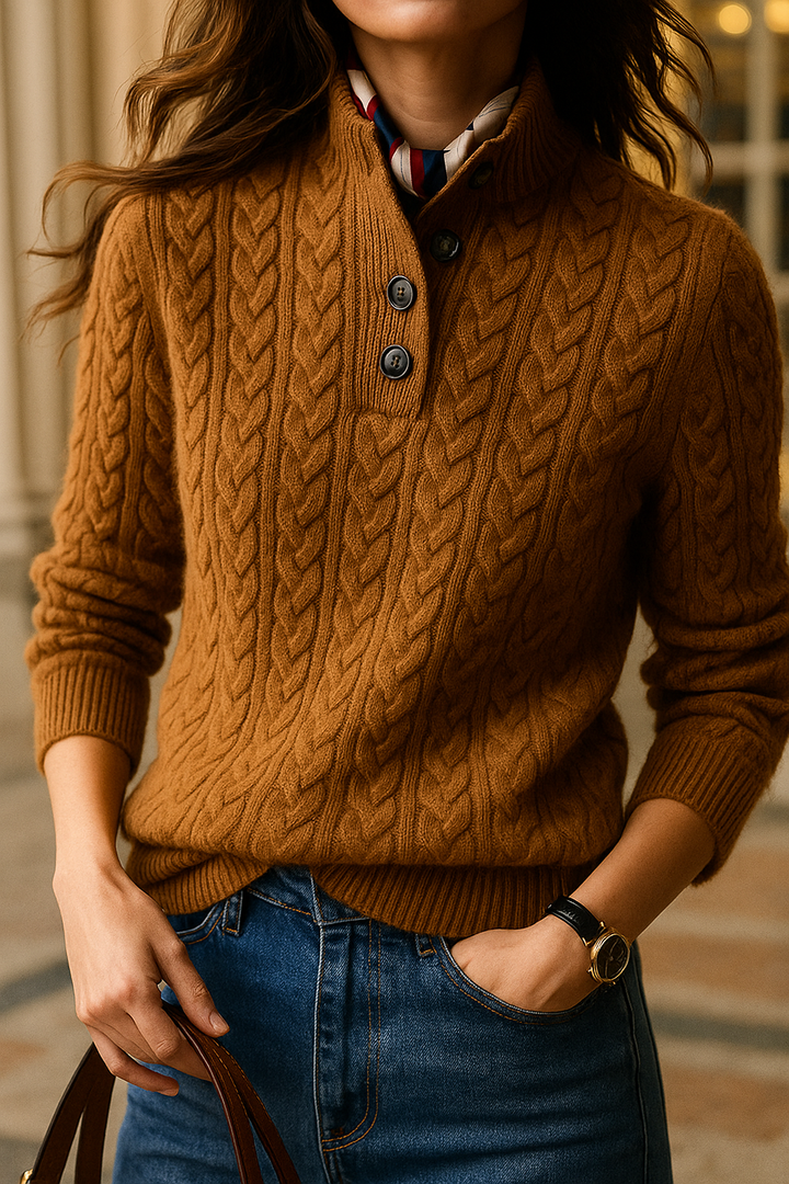 Nathalia | Zopfstrickpullover mit Knopfleiste am Kragen für Damen