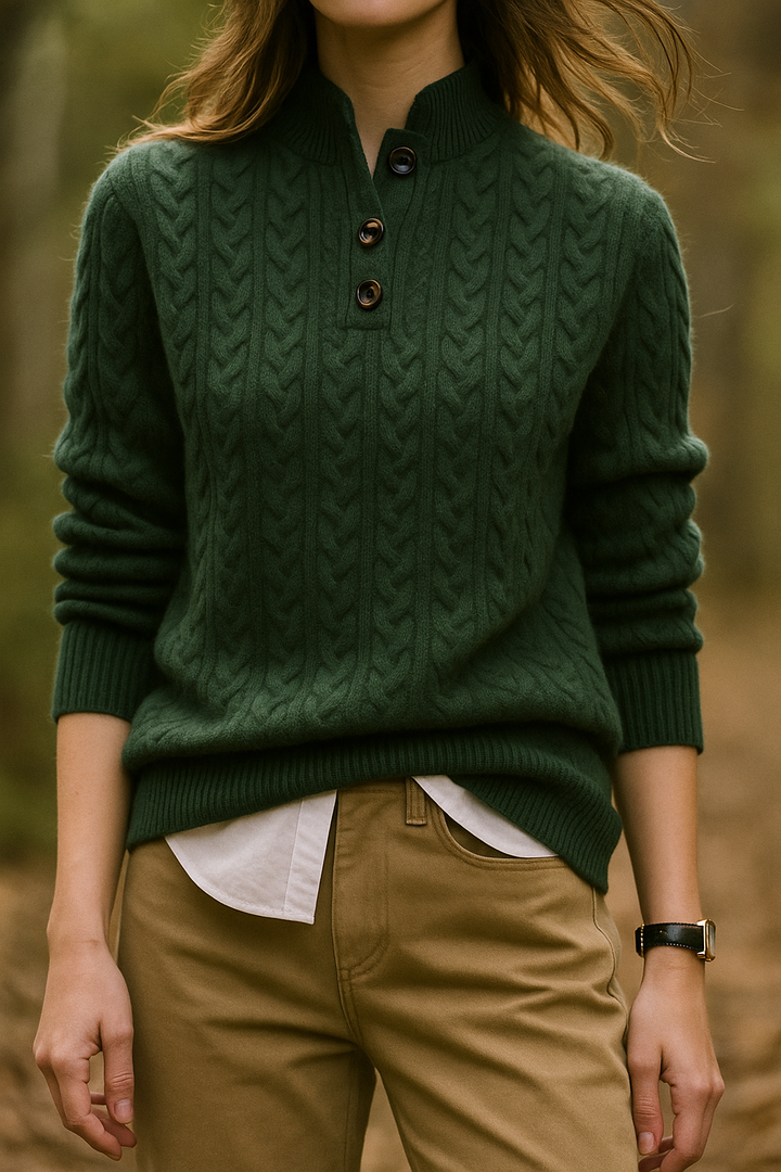 Nathalia | Zopfstrickpullover mit Knopfleiste am Kragen für Damen