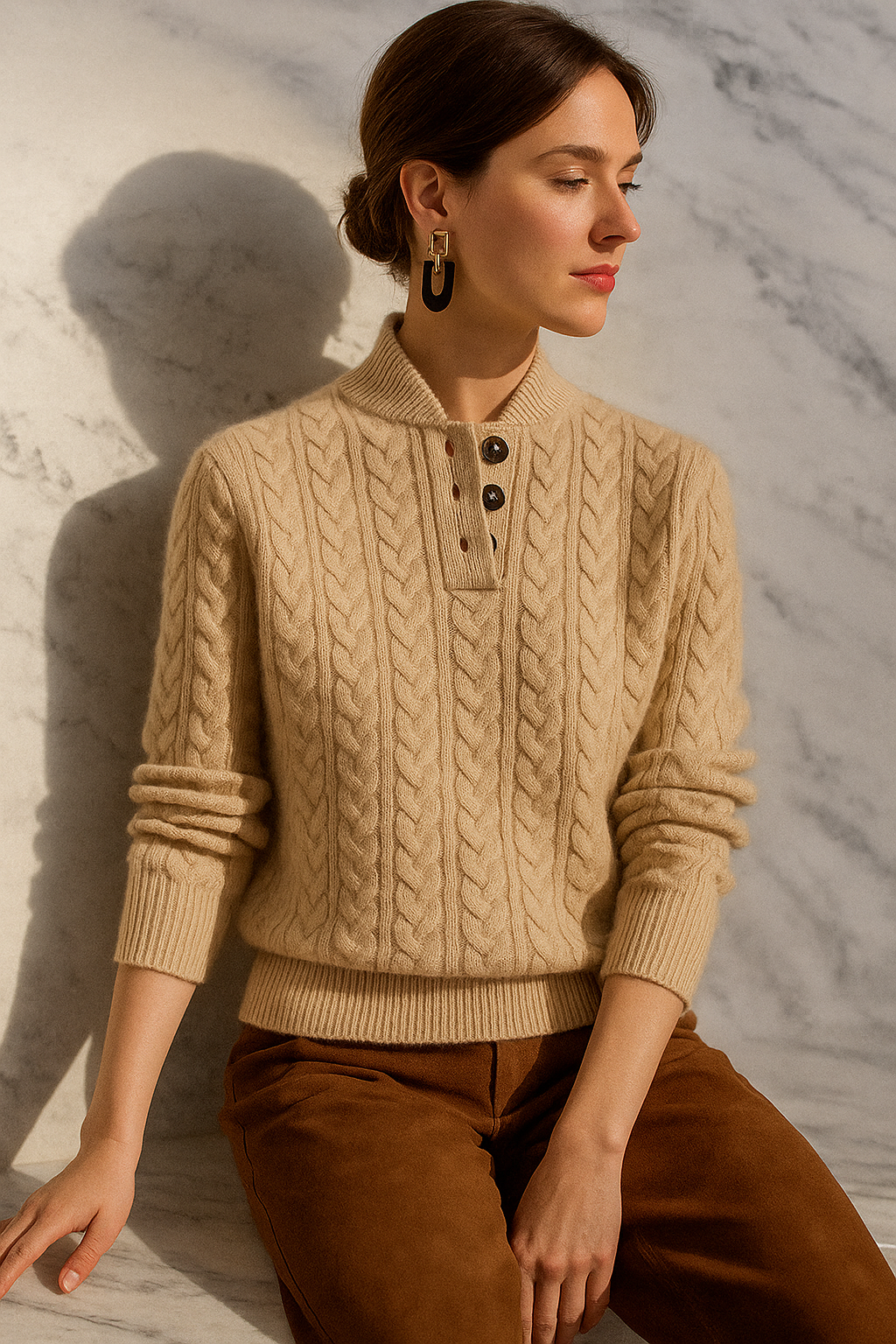 Nathalia | Zopfstrickpullover mit Knopfleiste am Kragen für Damen