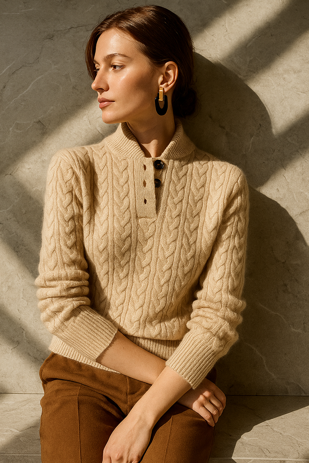 Nathalia | Zopfstrickpullover mit Knopfleiste am Kragen für Damen
