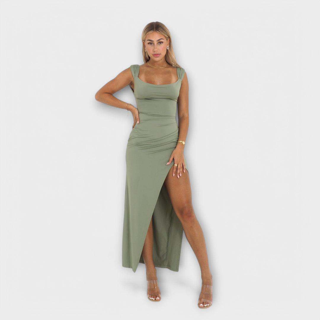 Ellie - Olivgrünes figurbetontes Midikleid mit Schlitz