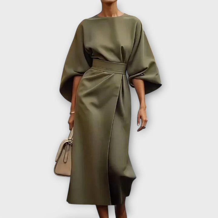 Sonia - Olivgrünes elegantes Satinkleid mit Ärmeln