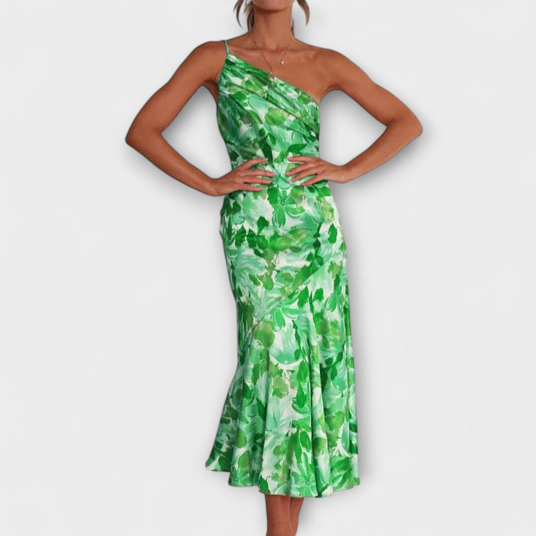 Tabea - Rosa asymmetrisches Kleid mit Blütendruck