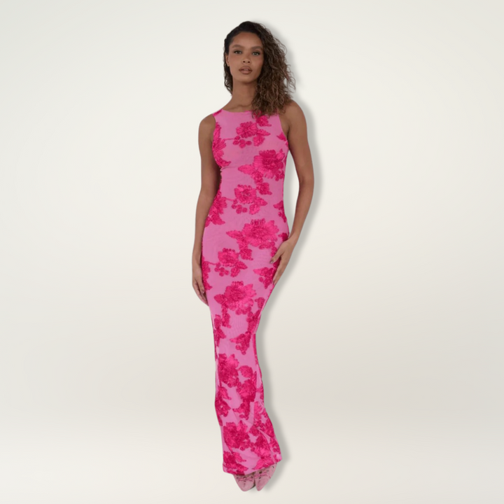 Lily | Geblümtes ärmelloses Damen-Maxikleid mit Rundhalsausschnitt für Hochzeitsgäste