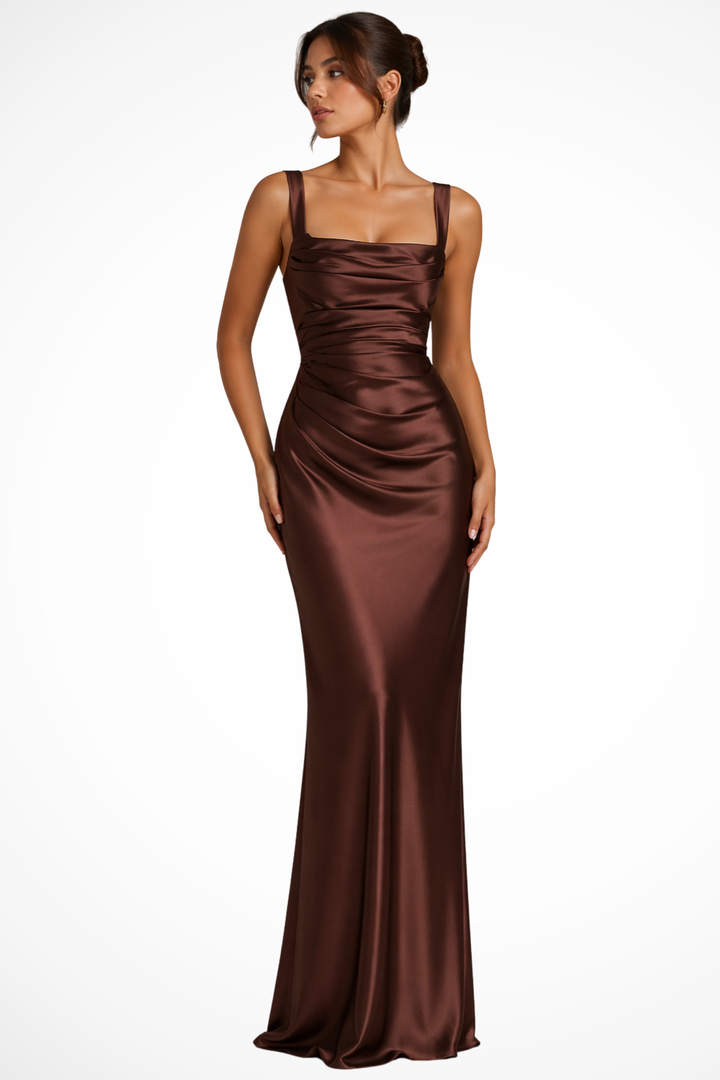 Vivienne | Gerafftes Satin-Damen-Maxikleid mit eckigem Ausschnitt für Hochzeitsgäste