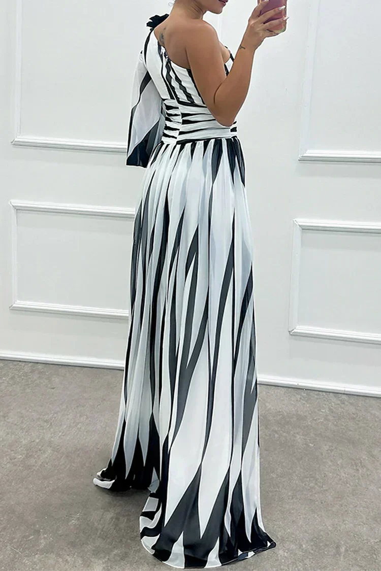 Cordelia | Gestreiftes One-Shoulder-Damen-Maxikleid mit Puffärmel für Hochzeitsgäste