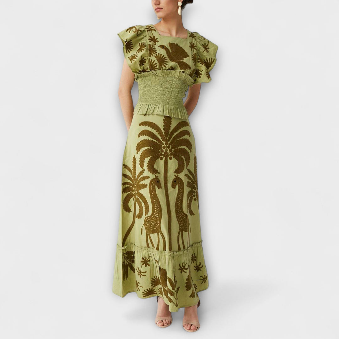 Amy - Rosa Maxikleid mit Palmenmuster