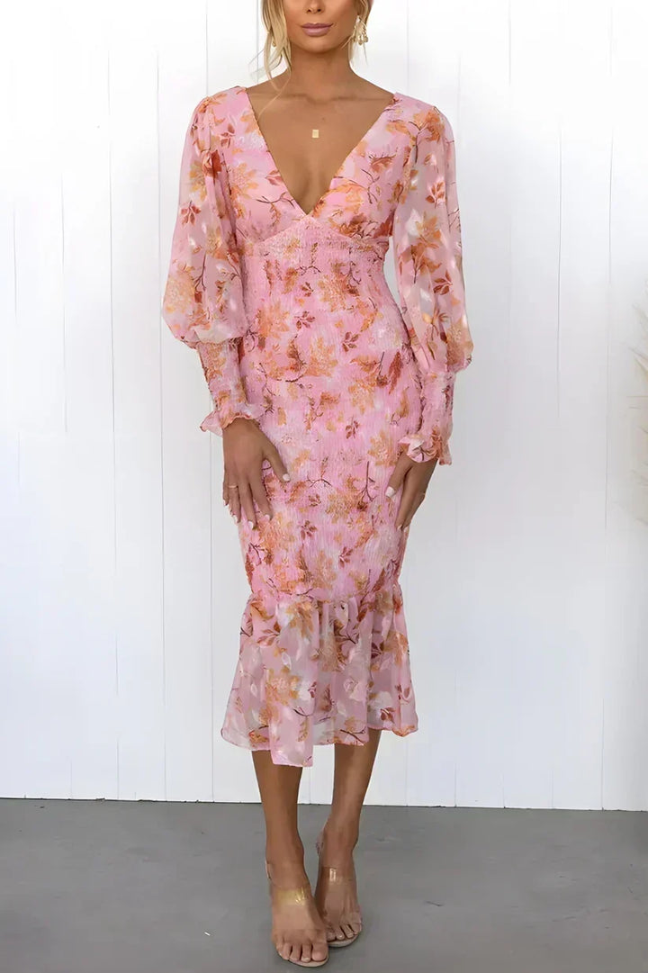 Vilhelmina | Damen-Midikleid mit V-Ausschnitt, Puffärmeln und Volantsaum für Hochzeitsgäste
