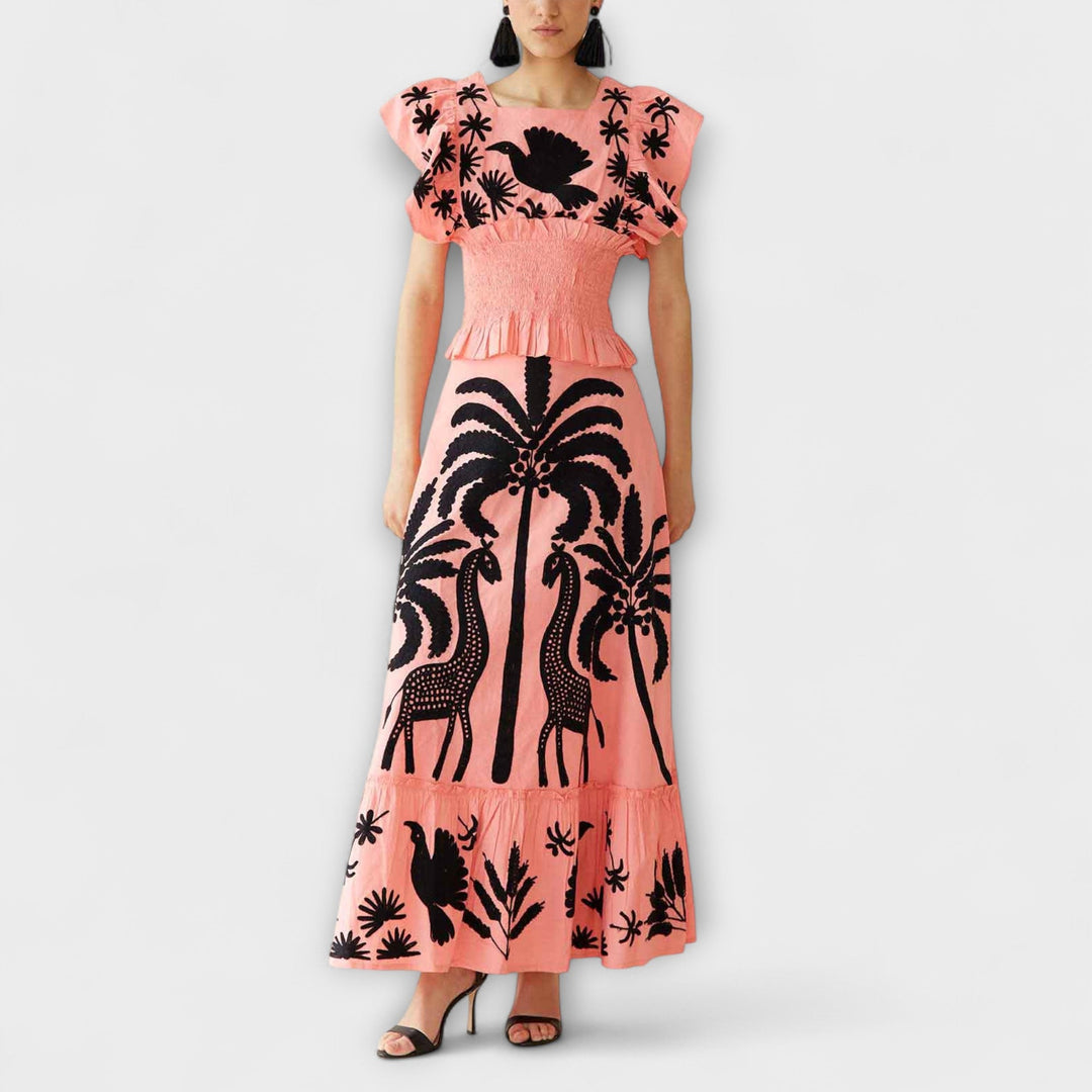 Amy - Rosa Maxikleid mit Palmenmuster