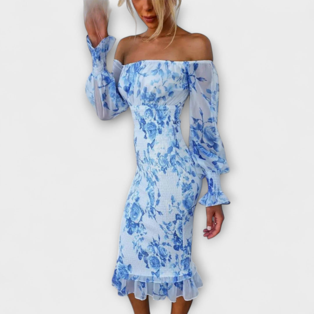 Dahlia - Rosa Off-Shoulder-Midikleid mit Blütenmuster