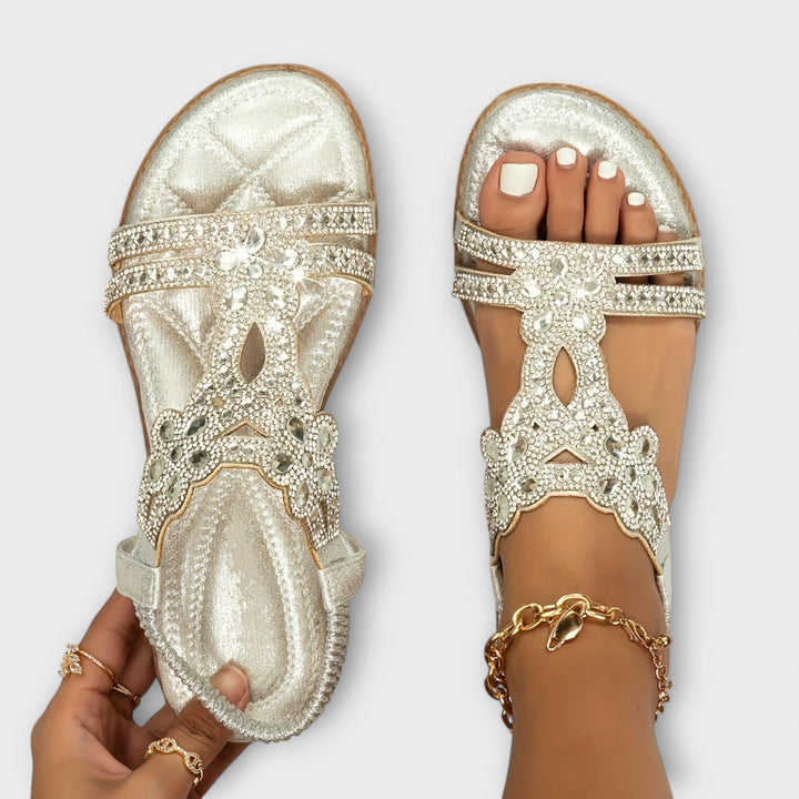 Reinhilde - Türkise Boho-Sandalen mit Strass
