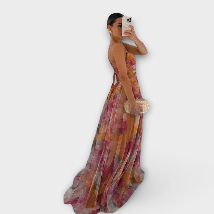 Annai - Rosa Mesh-Maxikleid mit Blütenmuster