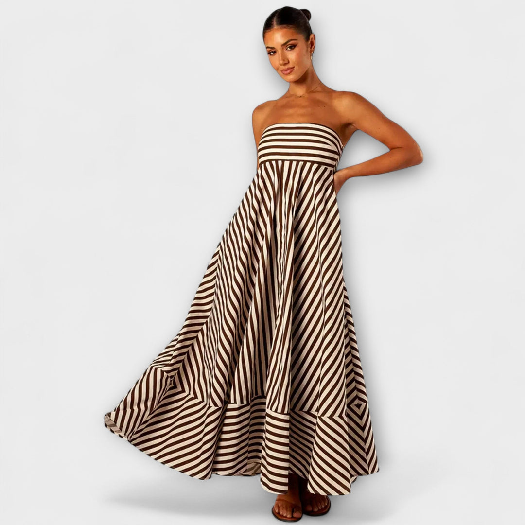 Beige-schwarzes gestreiftes Rüschen-Maxikleid