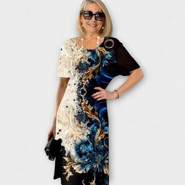 Barbara - Schwarz-blaues Kleid mit Sommerblütenmuster