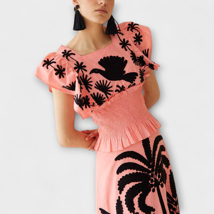 Amy - Rosa Maxikleid mit Palmenmuster