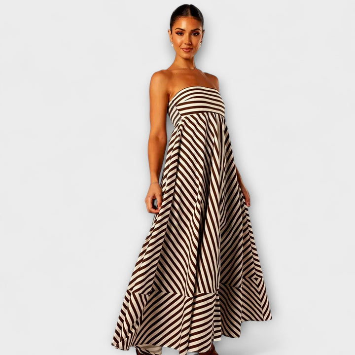 Beige-schwarzes gestreiftes Rüschen-Maxikleid