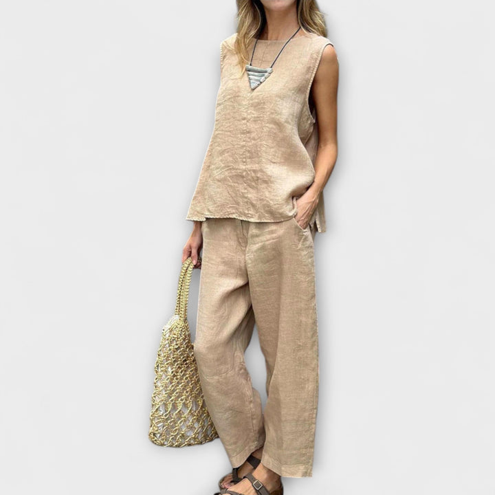 Jennifer - Gelbes Leinen-Set mit ärmellosem Top