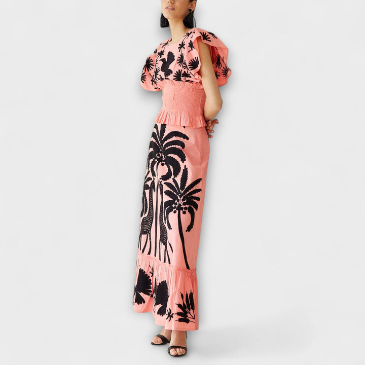 Amy - Rosa Maxikleid mit Palmenmuster