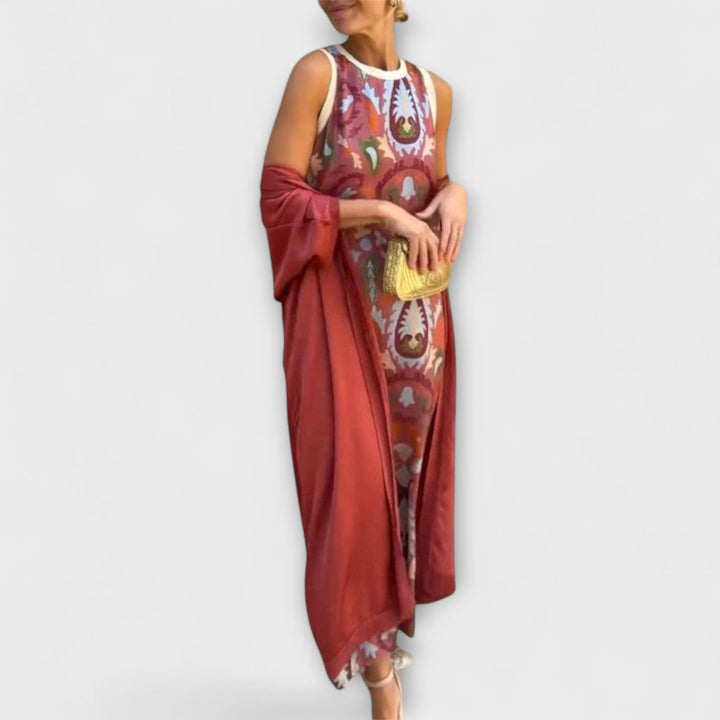 Selviane - Rotes Maxikleid mit passendem Cardigan