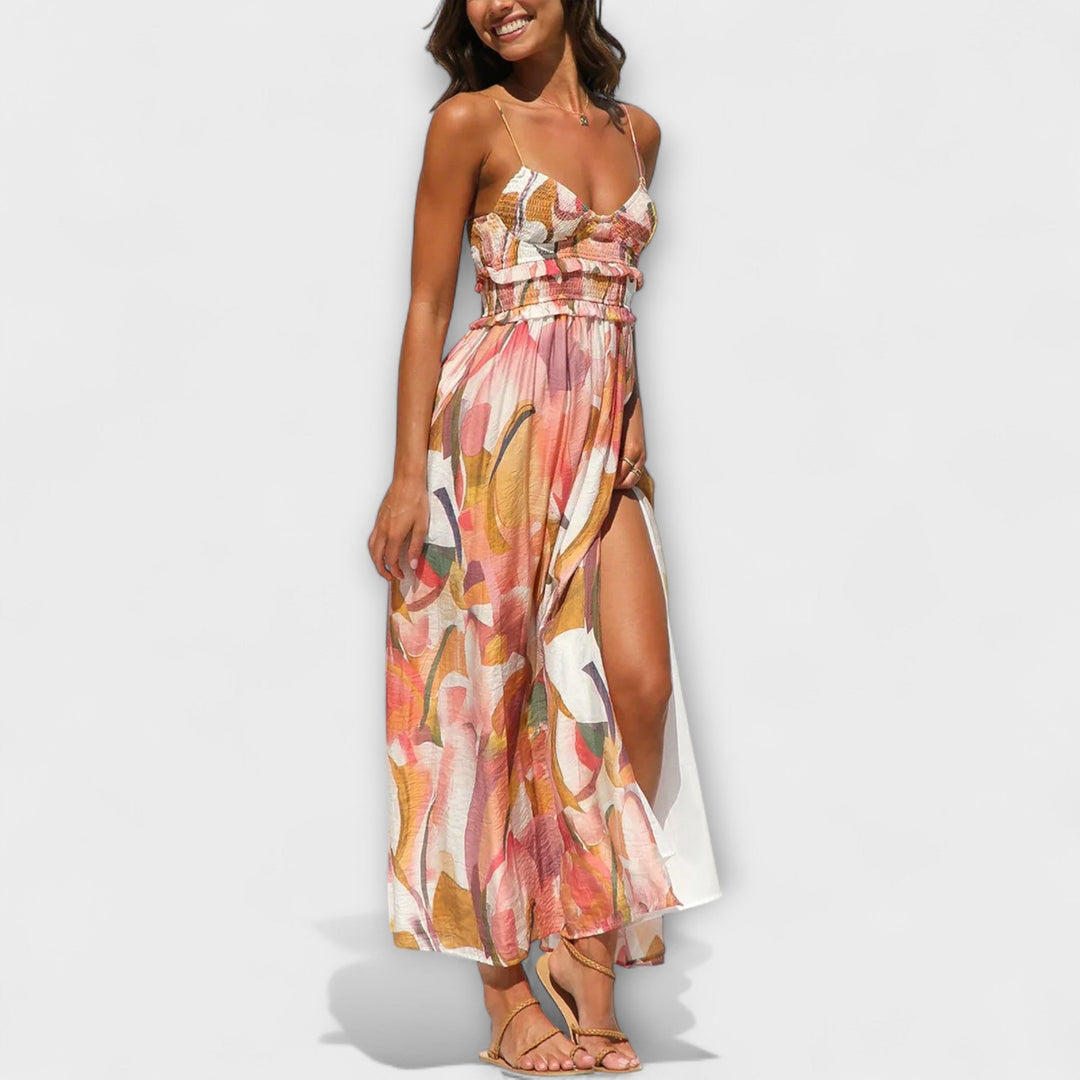 Annalise - Buntes bedrucktes Maxikleid mit Schlitz