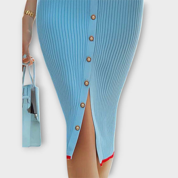 Sina - Babyblaues Rippstrick-Bleistiftkleid