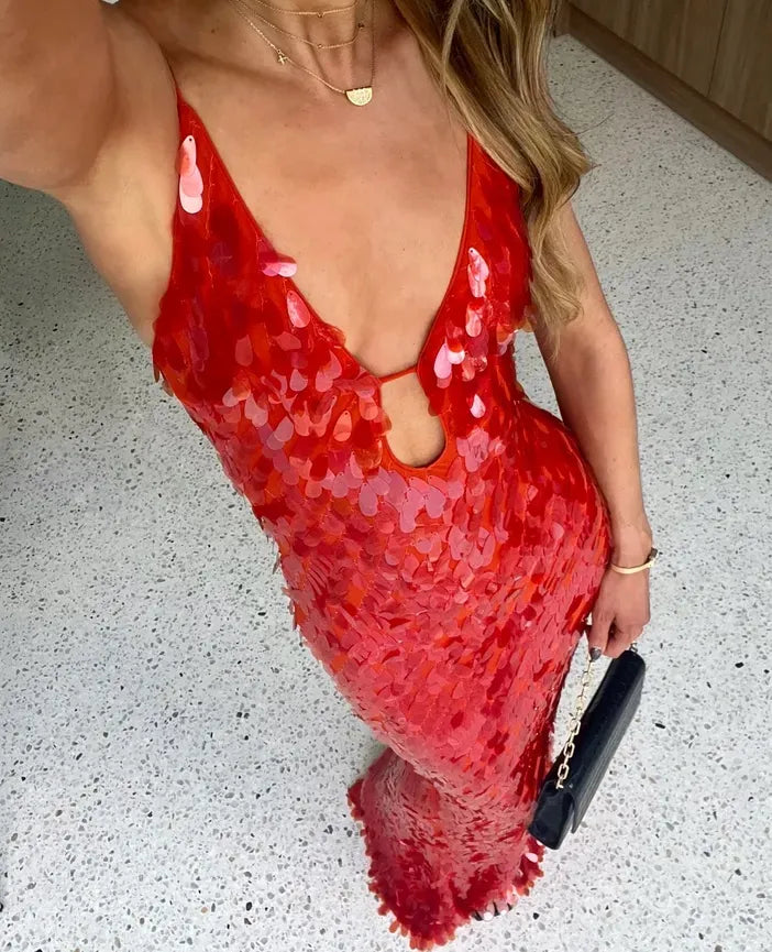 Holly | Rotes rückenfreies Damen-Maxikleid mit Pailletten und tiefem V-Ausschnitt für Hochzeitsgäste
