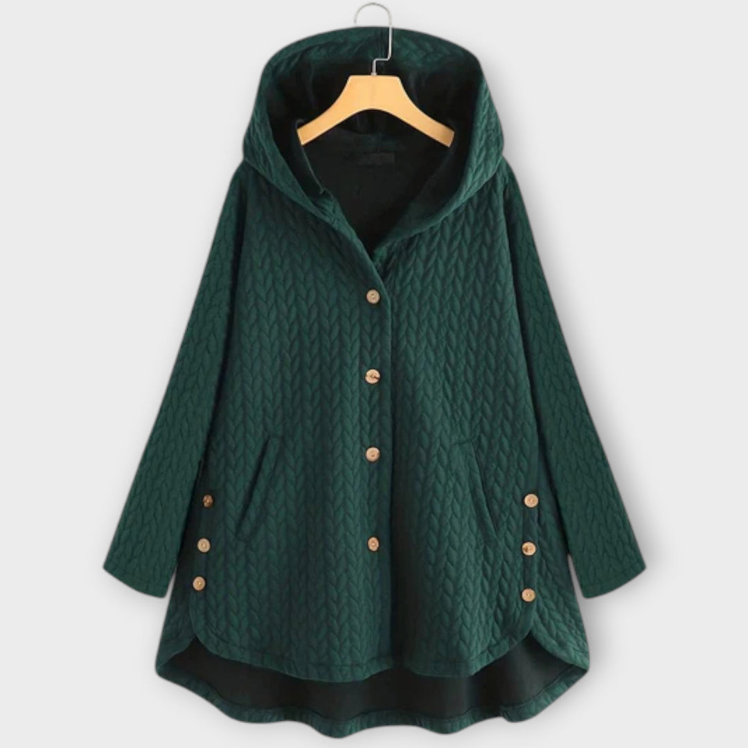 Leslie - Schwarze warme Button-Up-Jacke mit Kapuze