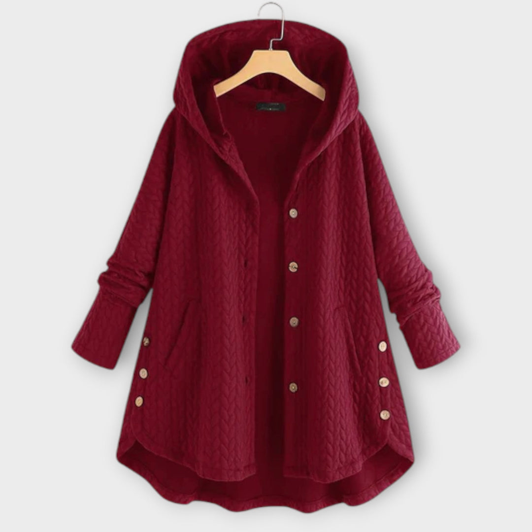 Leslie - Schwarze warme Button-Up-Jacke mit Kapuze