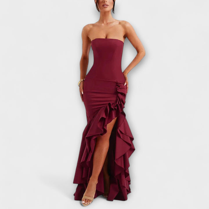 Zuri - Rosa Off-Shoulder-Maxikleid mit Rüschen