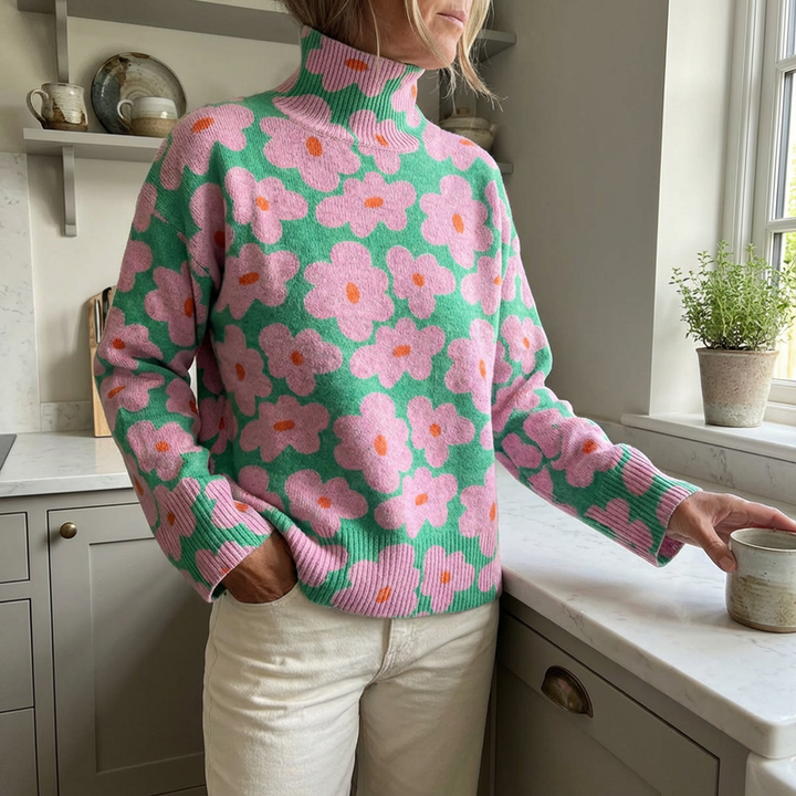 Aspen | Strickpullover mit Rollkragen und Blumenmuster für Damen