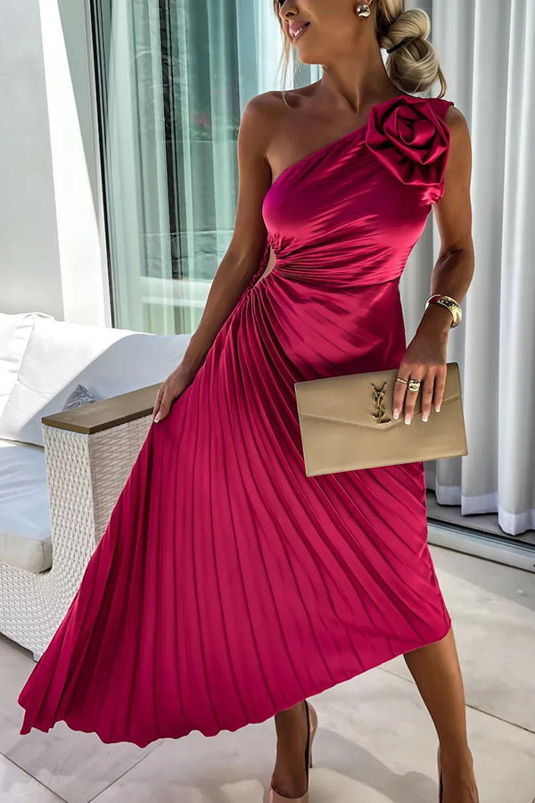 Juliette | Plissiertes One-Shoulder-Damen-Midikleid mit Stoffrose für Hochzeitsgäste