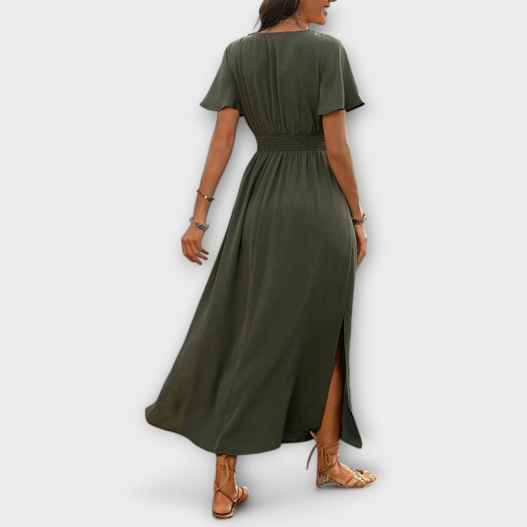 Heather - Olivgrünes Boho-Kleid mit Schlitz