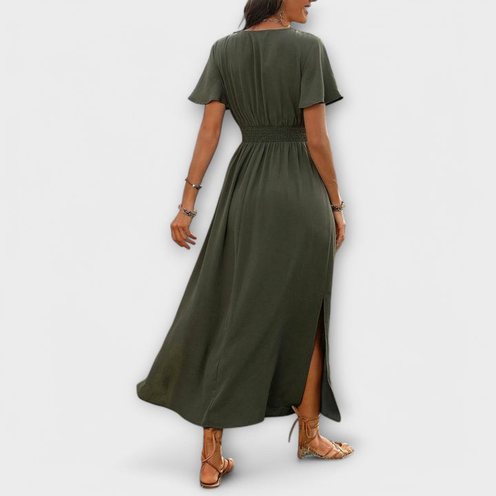 Heather - Olivgrünes Boho-Kleid mit Schlitz
