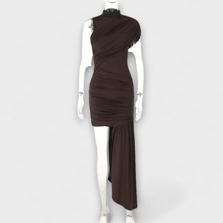 Lila - Braunes Plissee-Kleid mit Rundhalsausschnitt